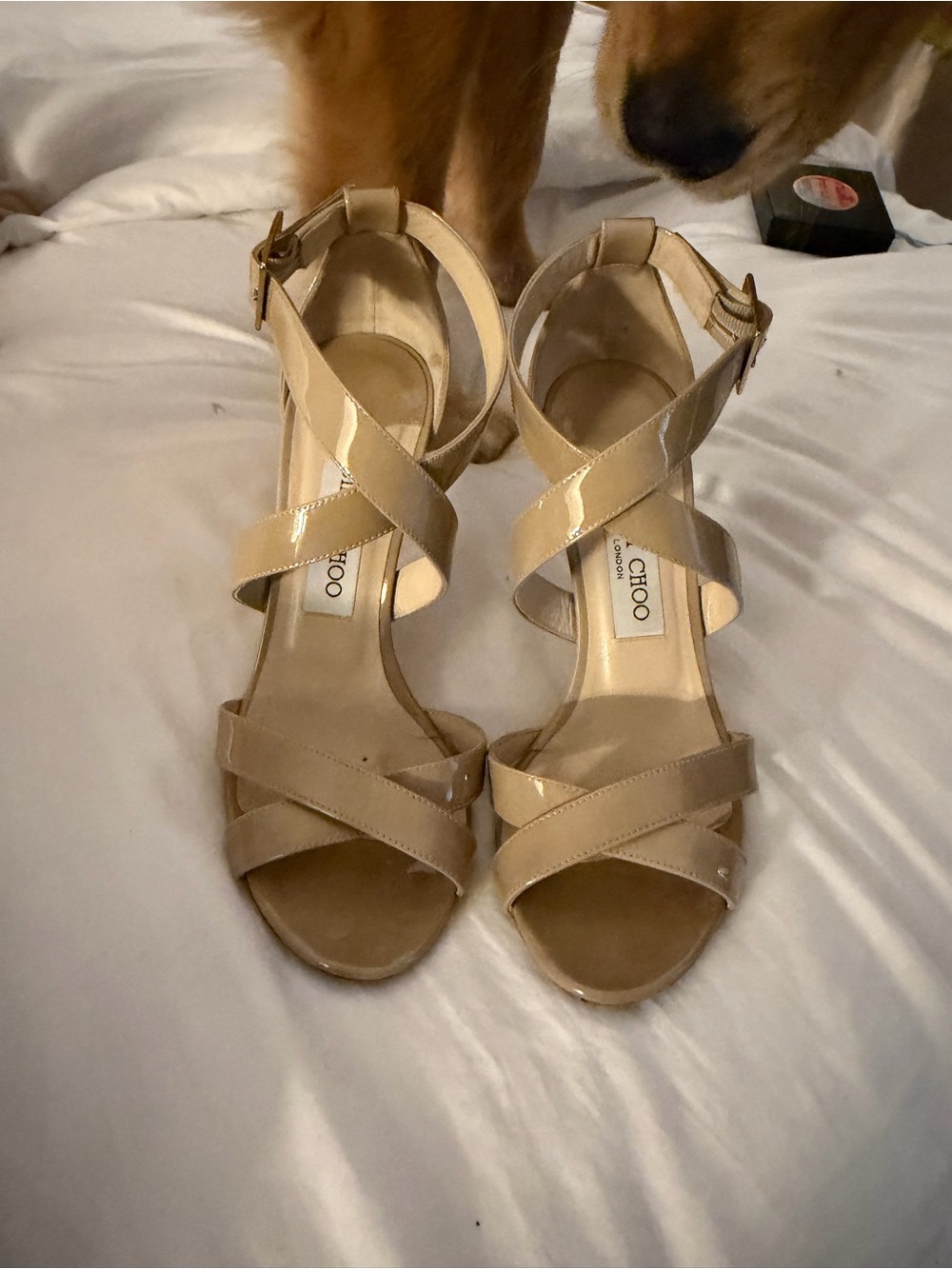 Jimmy Choo Nude Patent Leather Crisscross Ankle-Strap Heels